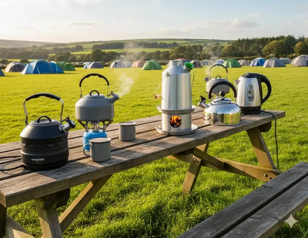 A camping kettle boiling on a gas stove outdoors.